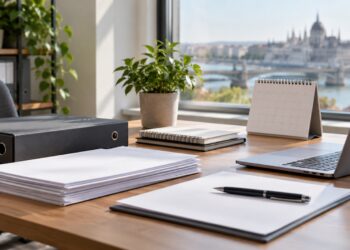 Geordnete Unterlagen, Kalender und Laptop zur Vorbereitung einer Kft. in Ungarn.