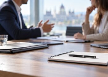 Besprechung mit Unterlagen zur Vorbereitung einer Kft. in Ungarn.