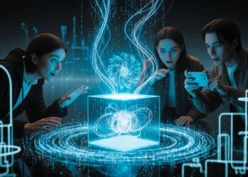 Informationen zu Finanzen und Gesellschaft bei Pandora Digital 13 Drei Personen analysieren holografische Datenvisualisierung – Symbolbild für digitale Informationen