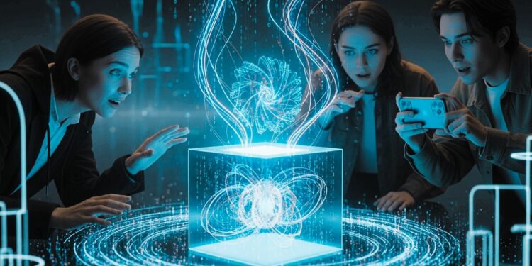 Informationen zu Finanzen und Gesellschaft bei Pandora Digital 1 Drei Personen analysieren holografische Datenvisualisierung – Symbolbild für digitale Informationen