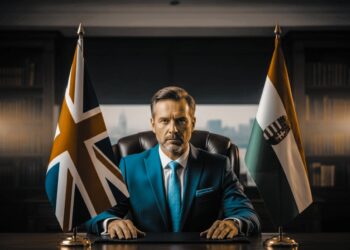 Neue Agentur-Lösung: Trading House aus Ungarn 12 Geschäftsmann am Schreibtisch zwischen britischer und ungarischer Flagge – Symbolbild für Trading House
