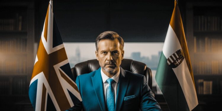 Geschäftsmann am Schreibtisch zwischen britischer und ungarischer Flagge – Symbolbild für Trading House